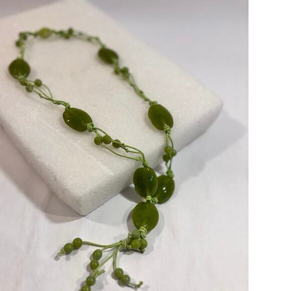 Agate and Glass Beaded Hand-Corded long Tassel Style Drop Necklace 24 in - Picture 6 of 6